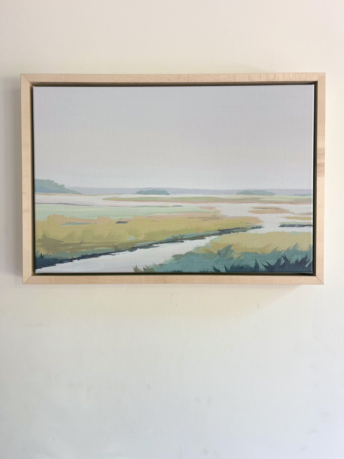 Misty Greens on the Marsh: Stretched Print on Canvas, Framed