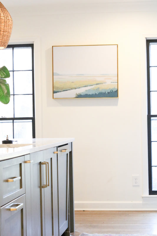 Misty Greens on the Marsh: Stretched Print on Canvas, Framed